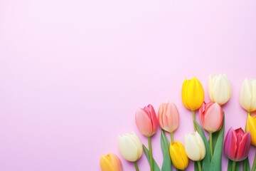 A bunch of yellow and pink tulips on a pink background. Perfect for spring-themed designs or floral arrangements