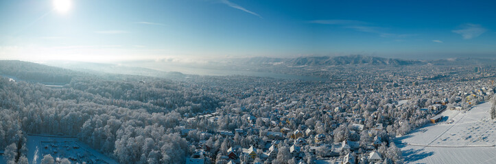 High Above Zurich in december with Lake Zurich on the horizon - obrazy, fototapety, plakaty