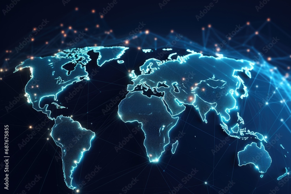 Poster a map of the world displayed on a dark background. suitable for various uses