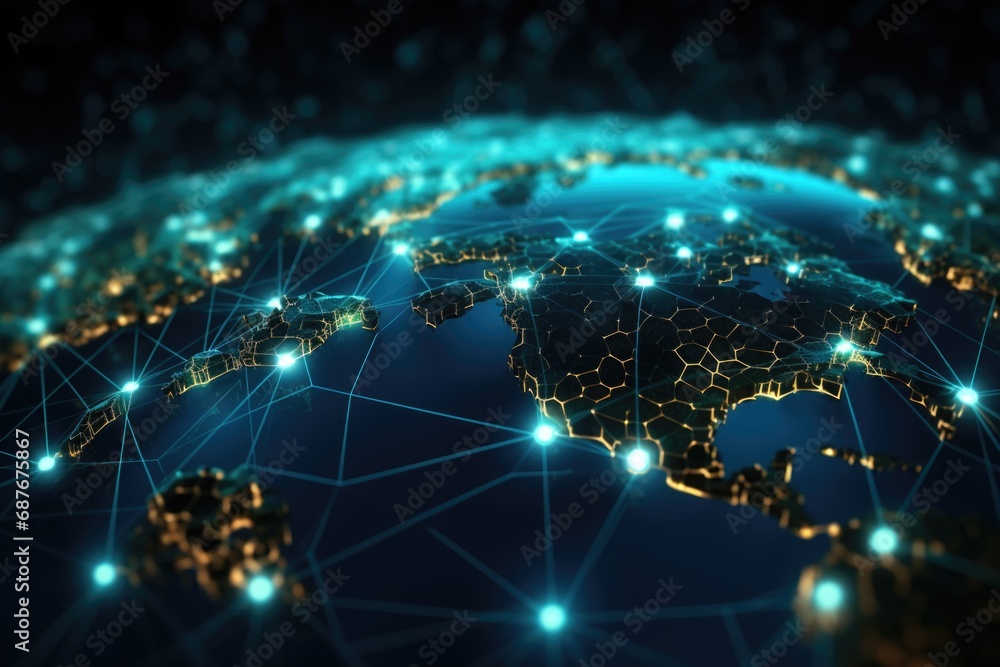 Poster a visually captivating image of a world map with numerous vibrant lights shining on it.