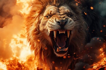 A powerful lion roaring in front of a blazing fire. This image captures the intensity and strength of the king of the jungle. Perfect for conveying power and dominance.