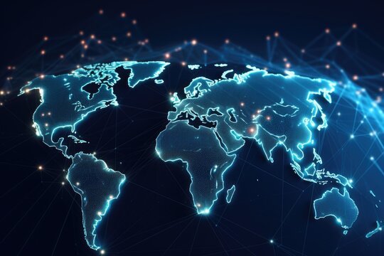 A map of the world displayed on a dark background. Suitable for various uses - Powered by Adobe