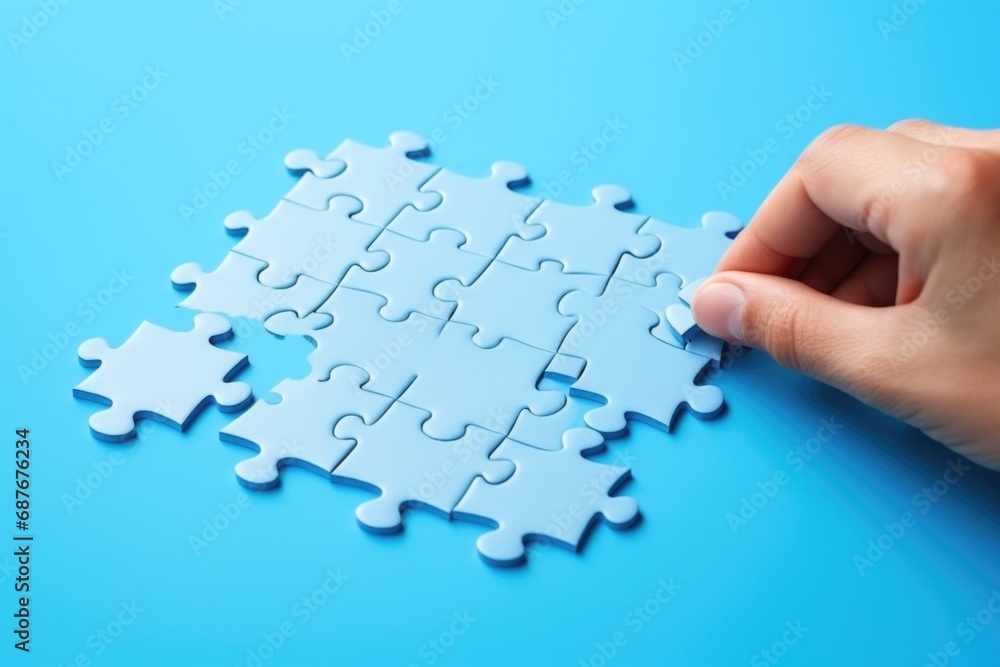 Aufkleber a person holding a piece of a puzzle. versatile image for illustrating teamwork, problem-solving, or