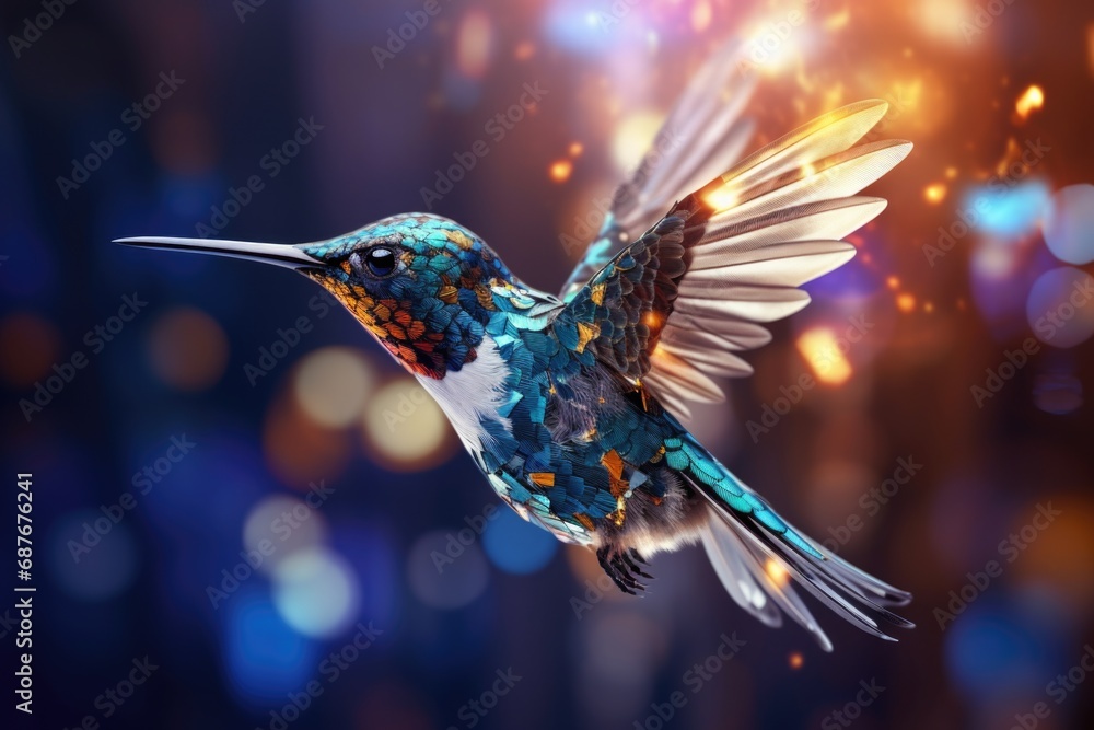 Poster a dynamic image capturing a hummingbird in flight, showcasing its spread wings. perfect for nature e