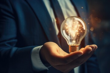 A man in a suit holding a light bulb. Ideal for business and innovation concepts
