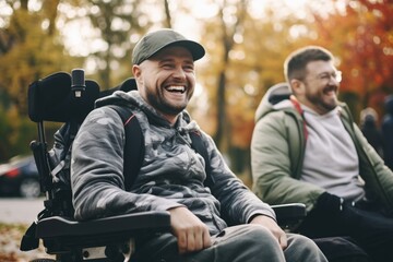 A heartwarming image of a man in a wheelchair sharing a laugh with a backpacker.  - obrazy, fototapety, plakaty