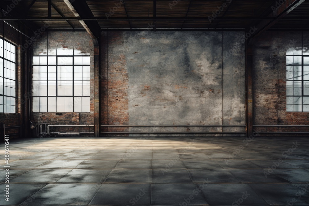 Poster a simple, empty room with large windows and a bench. suitable for various interior design concepts
