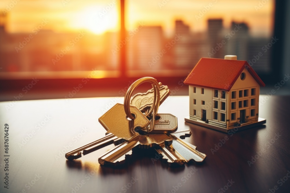Poster a house key is pictured on top of a table next to a bunch of keys. this image can be used to represe