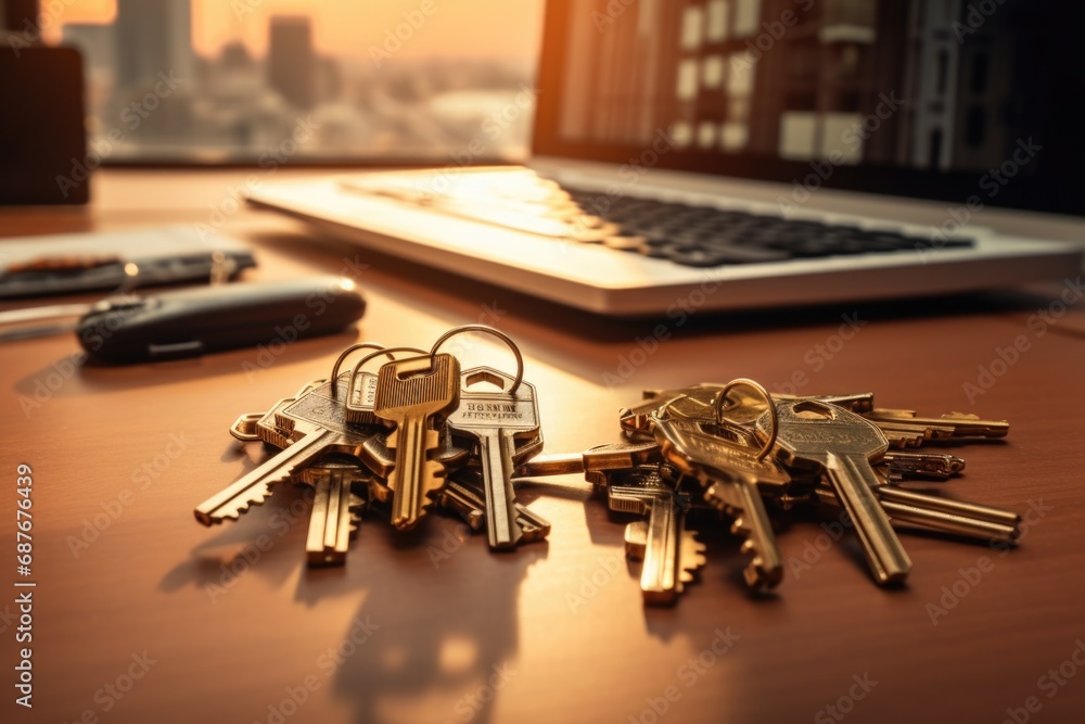 Poster a bunch of keys sitting on top of a wooden table. suitable for various concepts and themes