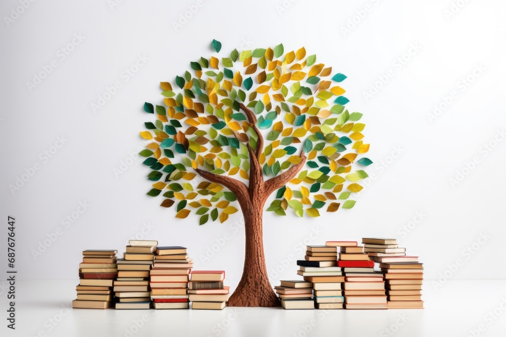 Poster a unique tree made entirely out of books stands next to a large pile of books. this image can be use
