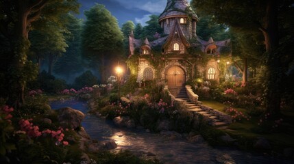 Illuminated Building in Nature's Nighttime Forest