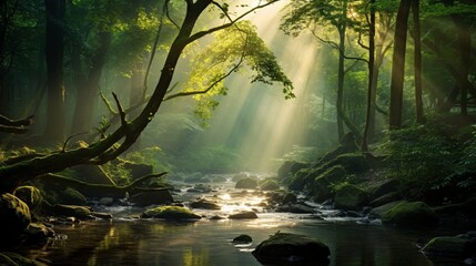A dense forest shrouded in mist, with rays of sunlight piercing through the foliage. - obrazy, fototapety, plakaty
