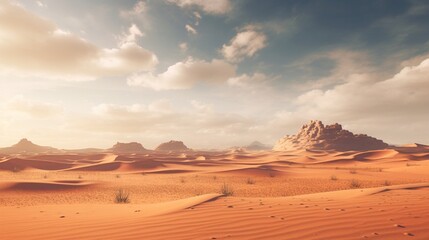 A dramatic desert landscape, with towering sand dunes and a vast expanse of open sky.