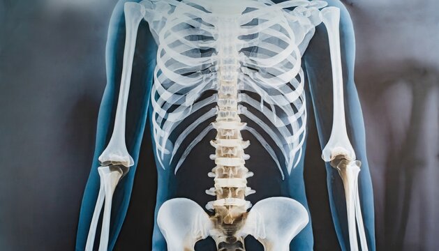 Human skeleton with view on the spine bones XRay
