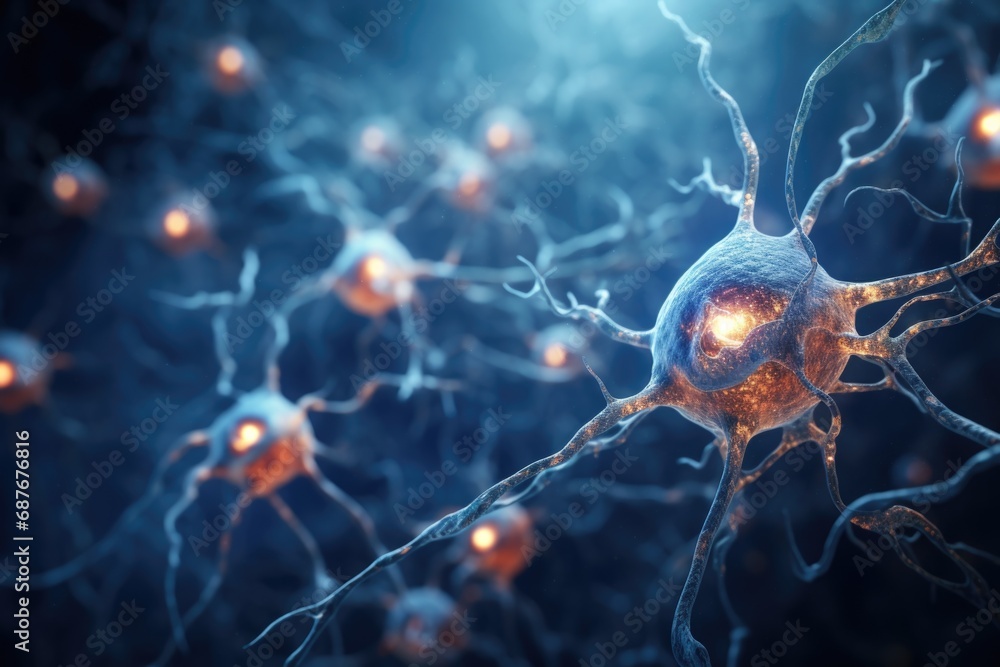 Poster a detailed close-up image showcasing a bunch of neurons. this image can be used to illustrate concep