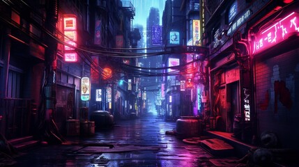 A dystopian cyberpunk alley with neon signs and holographic projections. - obrazy, fototapety, plakaty