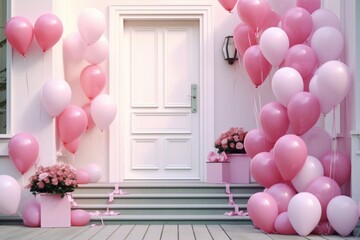 A vibrant bunch of pink and white balloons on a porch. Perfect for celebrations and festive occasions