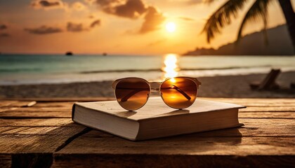 book and sunglasses on a wooden table. against the backdrop of sunset