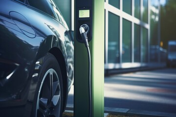 An electric car is connected to a charging station. This image can be used to showcase eco-friendly transportation and the future of electric vehicles