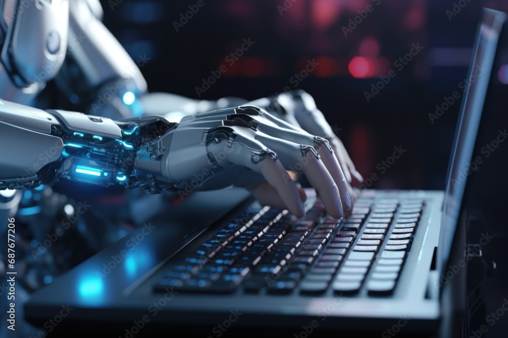 Poster a robotic hand operating a laptop keyboard. suitable for technology and automation concepts