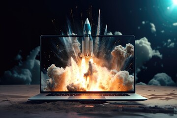 A laptop computer with a rocket flying out of it. Perfect for illustrating the concept of technological innovation and advancement. Suitable for use in technology articles, blogs, and presentations