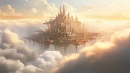 A floating city suspended among the clouds, bathed in the warm light of the setting sun.