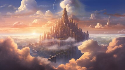 A floating city suspended among the clouds, bathed in the warm light of the setting sun.