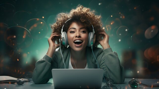 An African American woman enjoying music with headphones, symbolizing a modern lifestyle filled with technology, entertainment, and relaxation