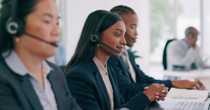 Call center, laptop video call and business people consulting, talking and explain tech support service, customer care or help desk. Web conference, microphone and agent discussion, telecom and chat