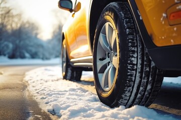 A detailed view of a car tire covered in snow. Perfect for winter-themed designs and automotive concepts