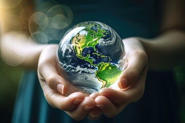 A person is depicted holding a small globe in their hands. This versatile image can be used to represent global connectivity, travel, education, or environmental themes