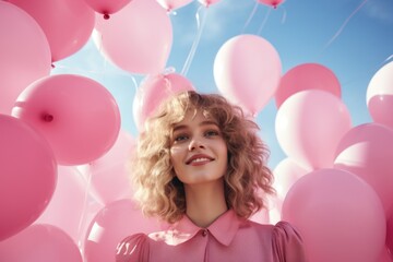 A woman standing in front of a bunch of pink balloons. Perfect for birthday celebrations and festive occasions