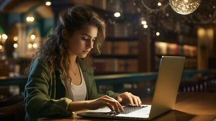 A focused woman working on a laptop at home, portraying a scene of technology, business, and education