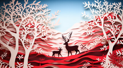 Christmas deer in the forest, paper cut style illustration, scrapbook style. Graphic banner