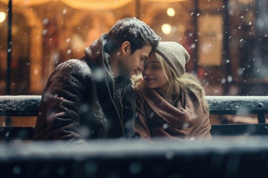 A couple sitting together on a bench covered in snow. Suitable for winter-themed designs and romantic scenes