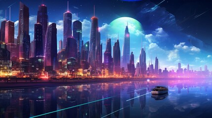 A futuristic cityscape at night with neon lights reflecting in the calm waters of a canal.