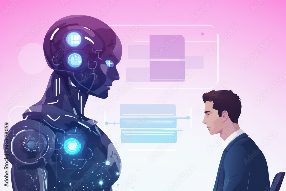 Poster man in suit standing next to robot. suitable for technology, innovation, and artificial intelligence