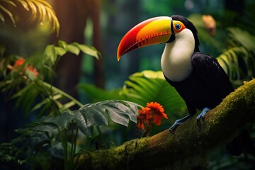Toucan tropical exotic bird from the rainforest with its iconic yellow orange beak sitting on the branch of a tree surrounded by greenery - obrazy, fototapety, plakaty
