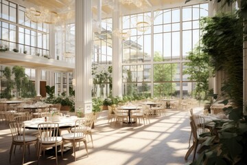 Winter garden or large greenhouse with panoramic windows and natural sunlight, for hosting large events such as a banquet, wedding or corporate event