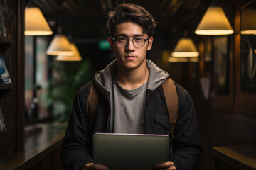 Young man is holding laptop computer in library. This image can be used to depict studying, education, or working in quiet environment.