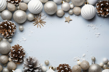 Festive white and silver Christmas background featuring pine cones and balls. Perfect for holiday decorations and greeting cards.