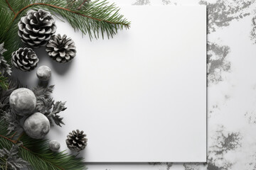 Simple white sheet of paper is placed in center of image, with pine cones and evergreen branches surrounding it. This versatile image can be used for various purposes.