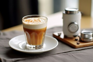 Steaming hot double espresso caffeine coffee beverage in glass cup and matching saucer with crema on dark fresh roasted, premium coffee bean,