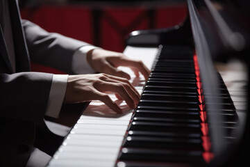 Obraz premium Close-up view of person playing piano. This image can be used to represent music, musicians, concerts, performances, or piano lessons.