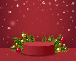 Christmas Banner With Fir Tree Red Podium