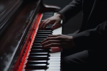 Obraz premium Close-up view of person playing piano. This image can be used to depict musician or pianist in performance or practice setting.