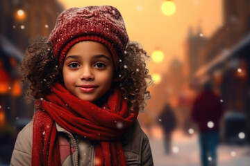 Cute little girl wearing red hat and scarf. Perfect for winter-themed designs and holiday cards.