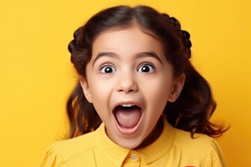 Young girl with her mouth open, making funny face. Suitable for humorous content or expressions of surprise.