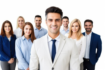 Man standing confidently in front of group of business people. Suitable for presentation corporates and team leadership concepts.