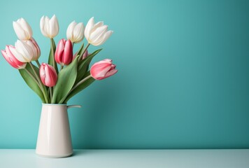 a bouquet of pink and white tulips on a light blue background,